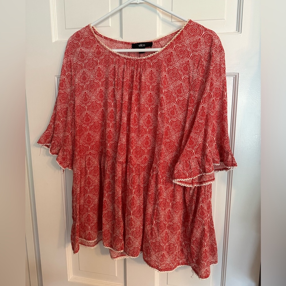 Ellos Red/White Print Peplum Top Size 20